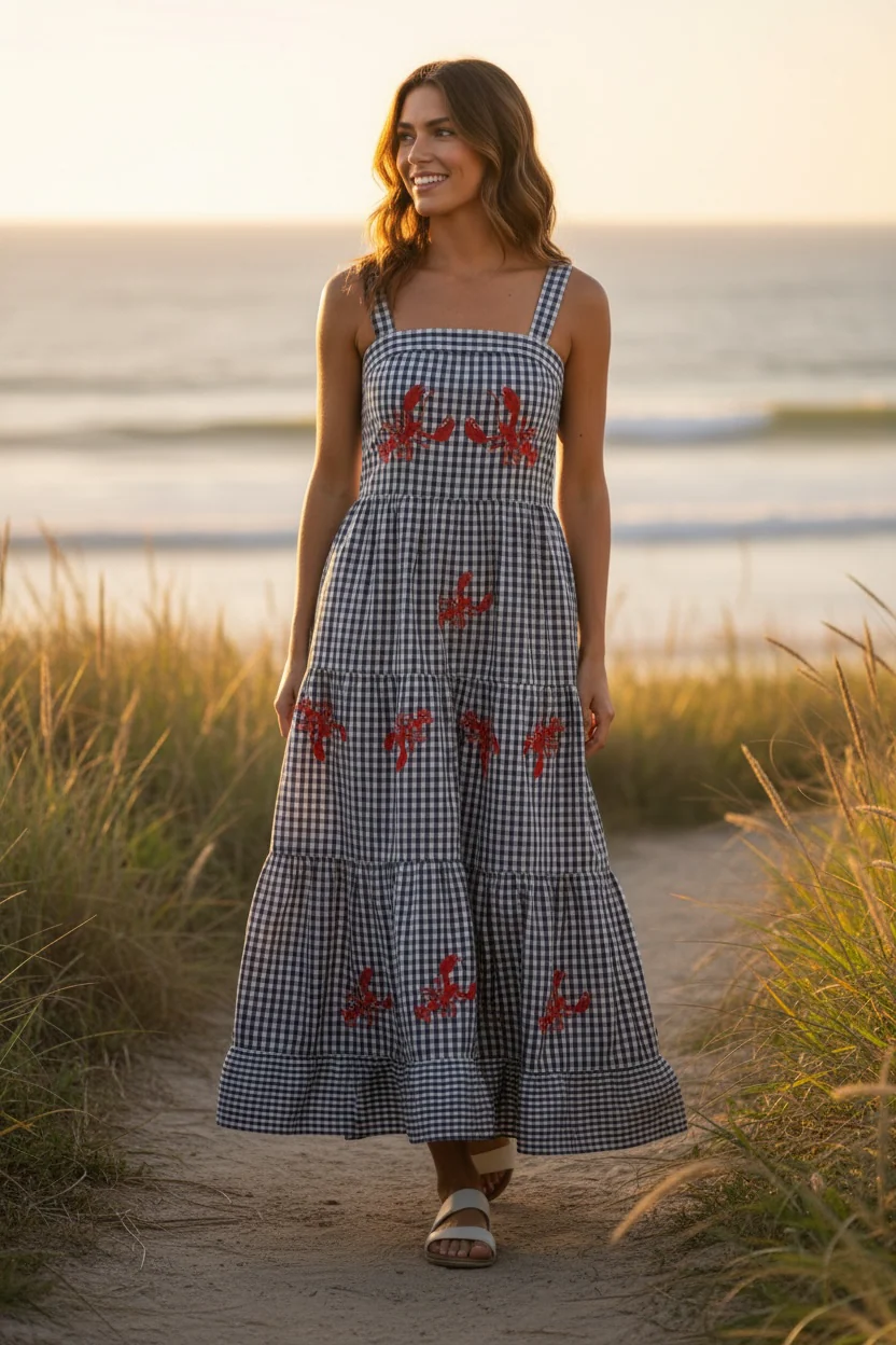 Coastal Gingham Lobster Tiered Dress - Image 10