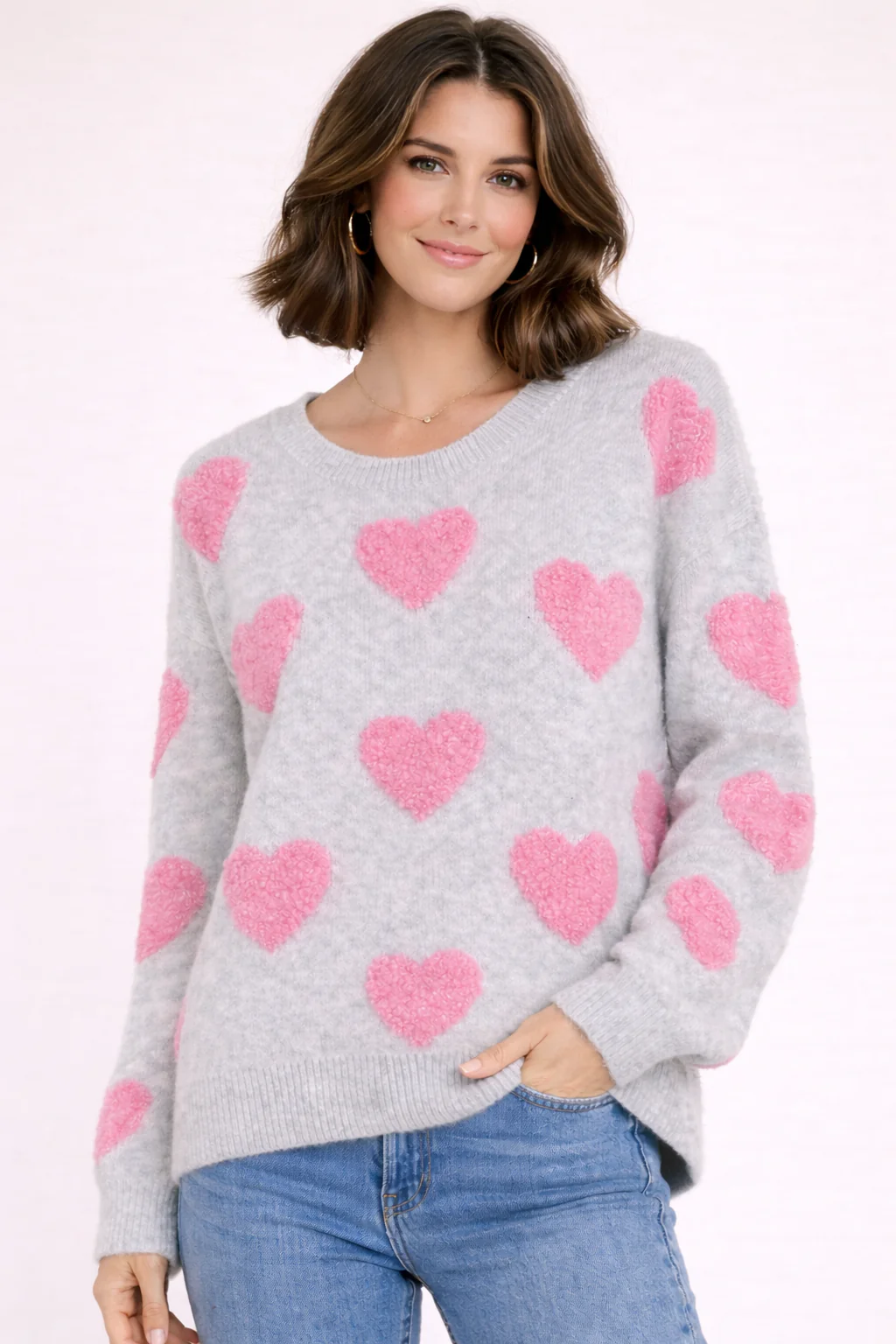 Fuzzy Heart Pattern Valentine Sweater - Image 3